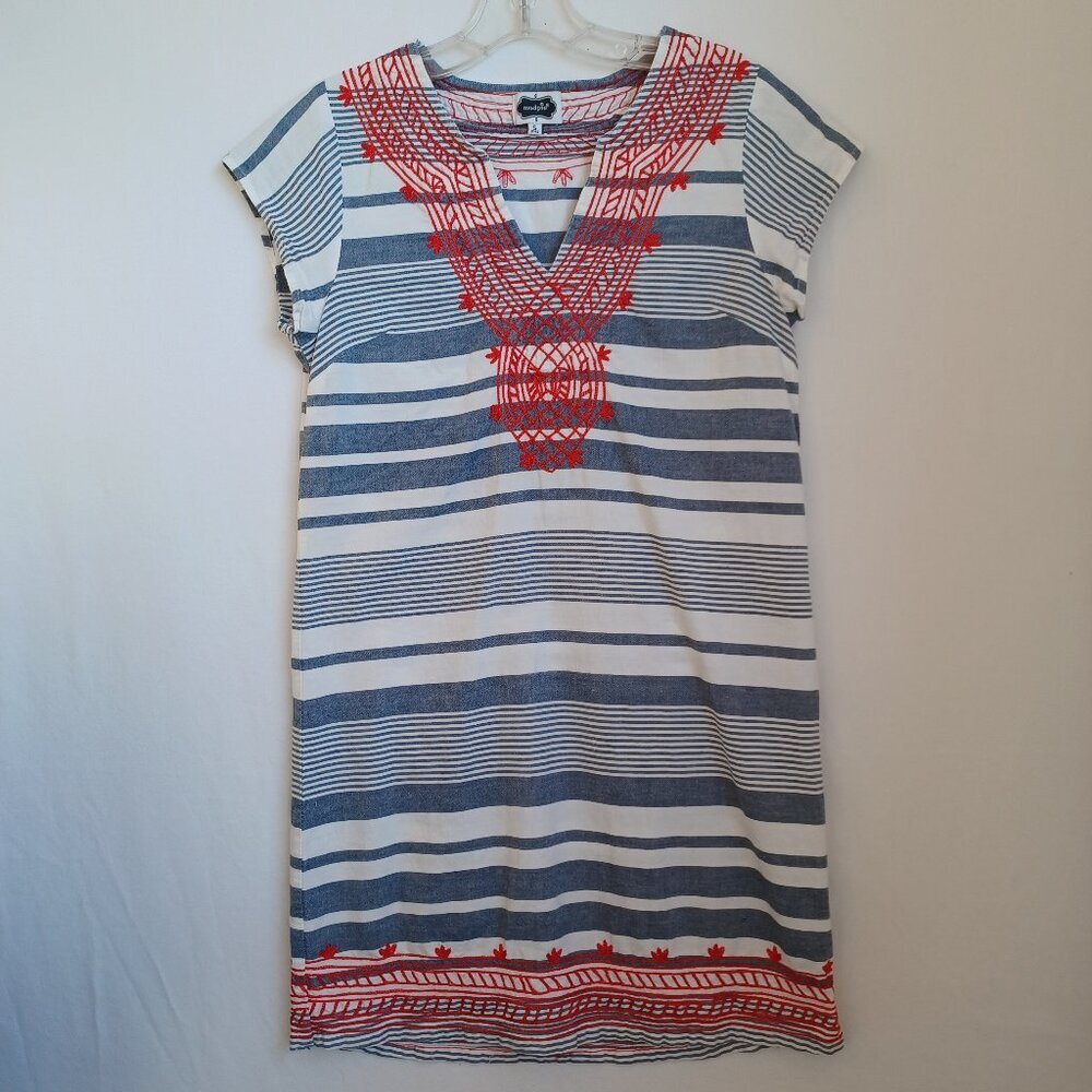 Mud Pie Dress Embroidered Nautical Cotton Stripe Popover Shift Womens Small 4-6